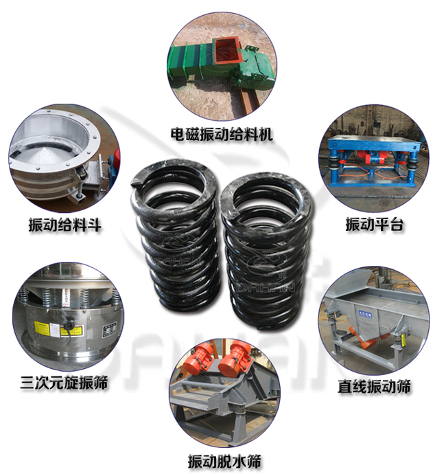 旋振篩減震彈簧適用產(chǎn)品：振動(dòng)給料機(jī)，電磁振動(dòng)給料機(jī)，振動(dòng)平臺(tái)，直線振動(dòng)篩，振動(dòng)脫水篩，三次元旋振篩。