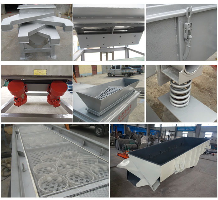 多層直線振動篩由進料口,底座,振動電機,篩網(wǎng),篩框,彈簧,出料口等組成。