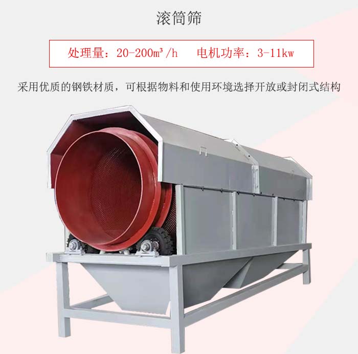 滾筒篩采用優(yōu)質(zhì)的鋼鐵材質(zhì)，可根據(jù)物料和使用環(huán)境選擇開放或封閉式結(jié)構(gòu)