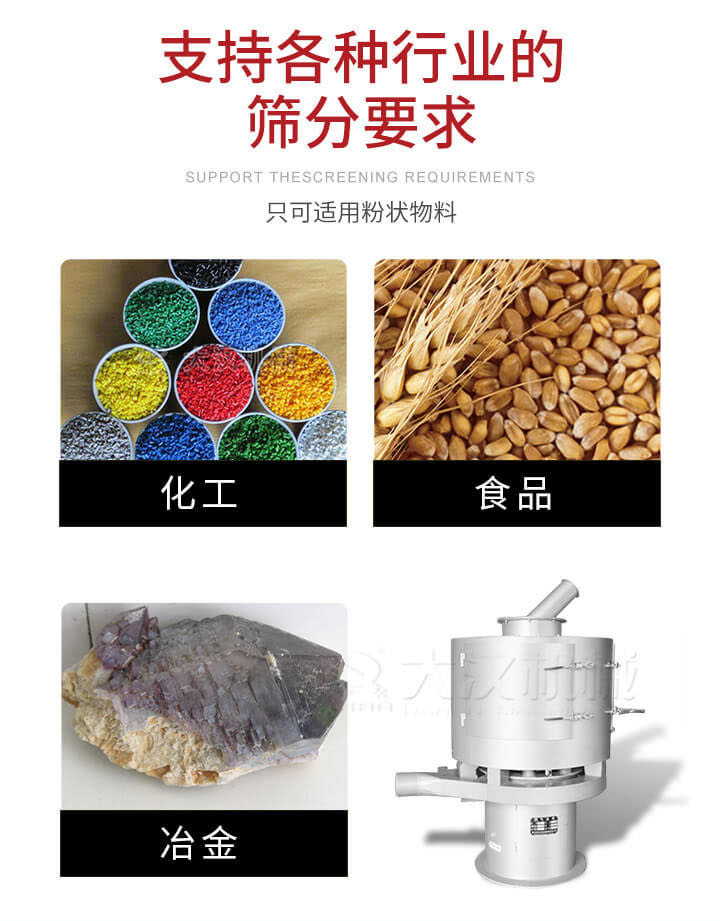 氣流篩用于礦粉，石墨粉，活性納米碳酸鈣，鋁灰，大豆粉，碳酸重鈣，石墨粉，木粉，干草，重金石粉，藥粉末，橡膠顆粒，草酸鹽，干料粉，木粉，聚酯粉，干粉，塑料，金屬粉末，橡膠粉，粉煤灰，石墨粉，陶瓷粉，鋅粉，石英粉，石灰粉，鐵粉，金屬硅粉等。