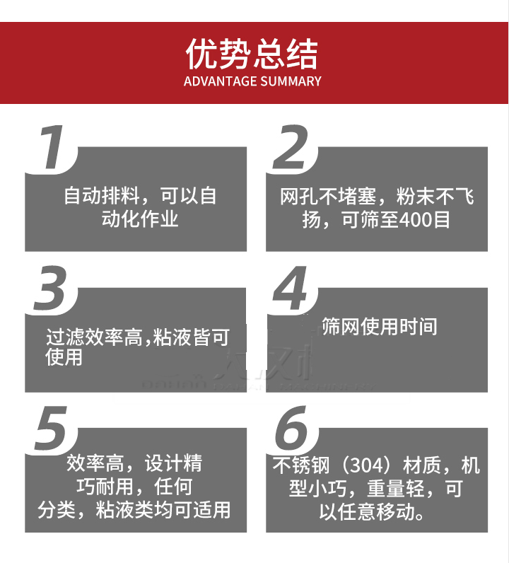 過濾篩優(yōu)勢(shì)總結(jié)：1，自動(dòng)排料，可以自動(dòng)化作用。2，網(wǎng)孔不堵塞，粉塵不飛揚(yáng)，可篩至400目。3，過濾效率高，任何粒，粉，粘液也可使用。4，篩網(wǎng)設(shè)計(jì)大大提高了篩網(wǎng)使用時(shí)間，也魏換網(wǎng)提高了方便。5，效率高，設(shè)計(jì)精巧耐用，任何分類設(shè)計(jì)精巧耐用，任何分類，粘液類均可適用。6，不銹鋼材質(zhì)機(jī)型小巧，重量輕，可以任意移動(dòng)。