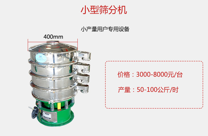 小型篩分機(jī)產(chǎn)量可達(dá)100公斤/時(shí)，價(jià)格3000元起。