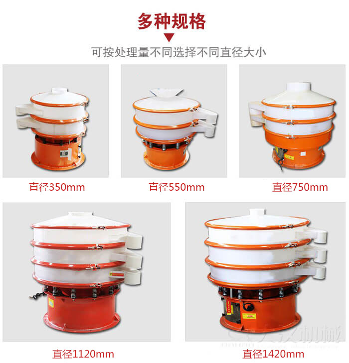 塑料振動篩不同篩分直徑進(jìn)行展示：350，550，750，1120，1420等。