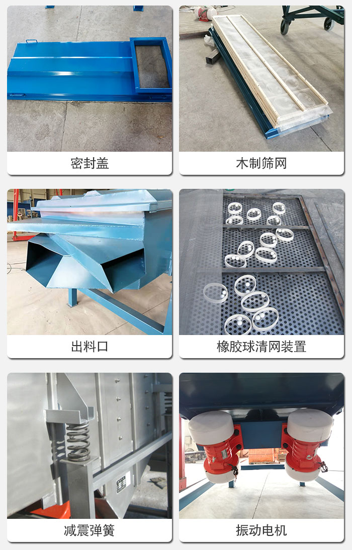 直線篩結(jié)構(gòu)展示：篩網(wǎng)，篩箱，振動(dòng)電機(jī)，振動(dòng)電機(jī)座，減震彈簧，支架等部件展示圖
