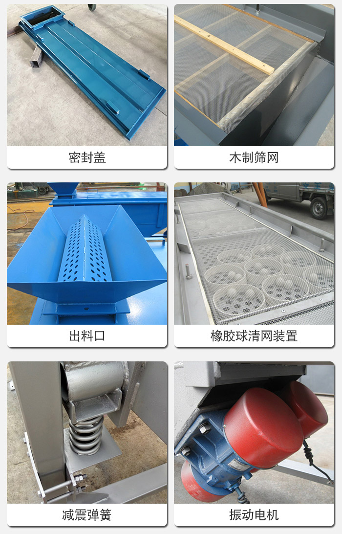直線篩分機(jī)的結(jié)構(gòu)展示圖：篩箱是物料主要篩分設(shè)備之一，篩網(wǎng)用于篩分物料，振動(dòng)電機(jī)幫助篩網(wǎng)篩分。