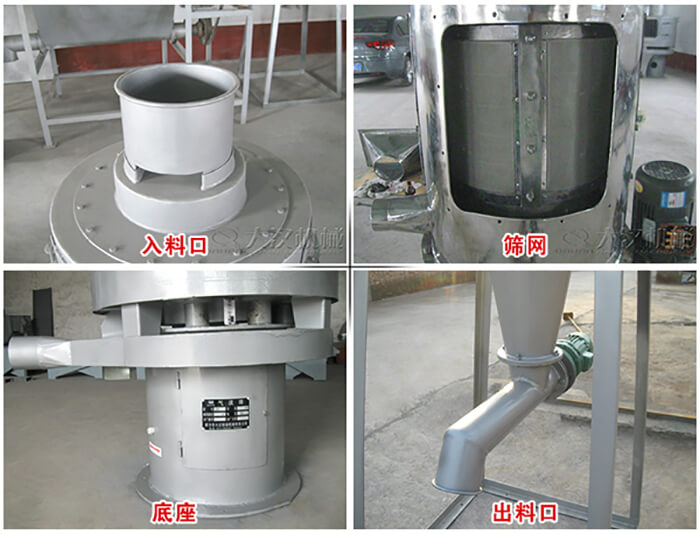 氣流篩部件展示：入料口，篩網(wǎng)，底座，出料口等。