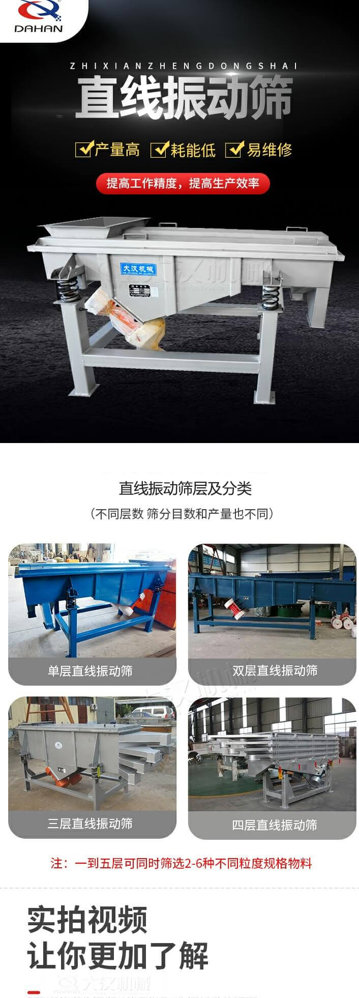 直線振動篩概述，產(chǎn)量高，耗能低，易維修，提高工作精度，提高生產(chǎn)效率，直線振動篩層級分類：不同層數(shù)，篩分目數(shù)和產(chǎn)量也不同：單層，雙層，三層，四層等。