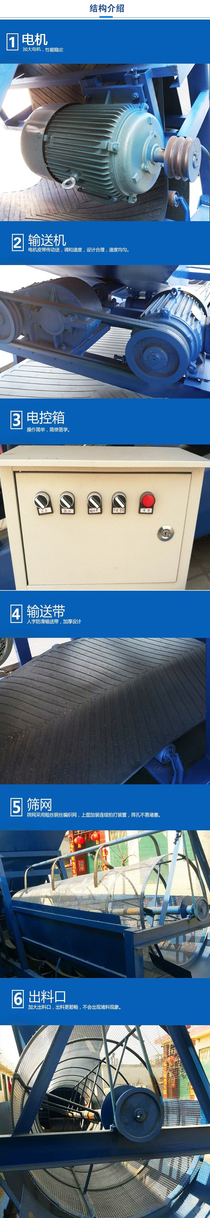 移動篩沙機結構:電機，加大電機，性能相對比較穩(wěn)定。輸送機：電機皮帶傳動送，調和速度，設計合理，速度均勻。電控箱：操作簡單，簡便易學。輸送帶：人字防滑輸送帶，加厚設計。篩網，采用粗絲鋼絲編織而成的篩網，上面加裝連續(xù)拍打裝置，篩孔不易堵塞。出料口：加大出料口，出料更順暢，不會出現(xiàn)堵料現(xiàn)象。