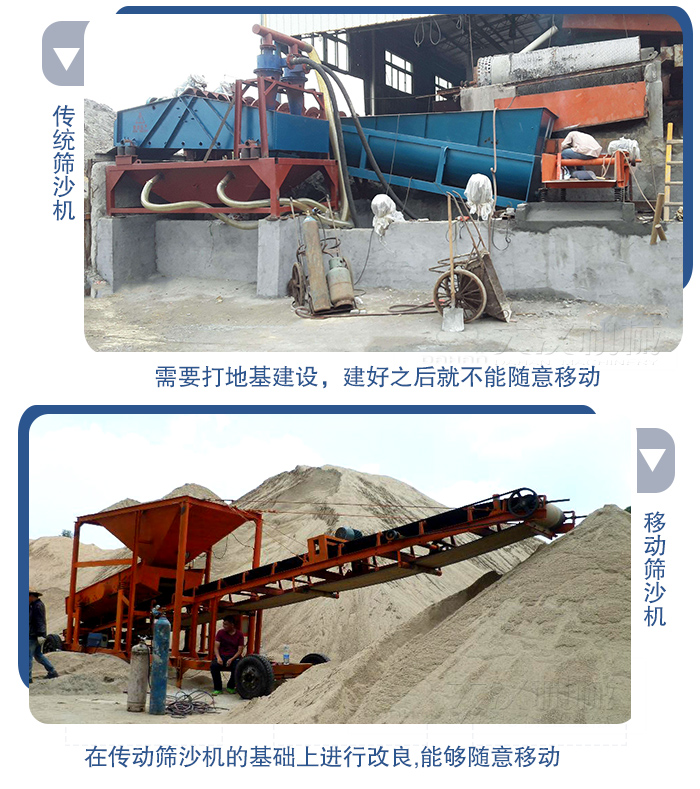移動的篩沙機在安裝前需要打地基，而固定完畢后就不能隨意的移動，而移動篩沙機不需要打地并且隨時能夠進行移動。