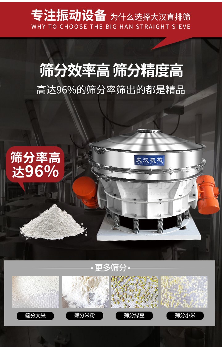 直排篩適用物料有面粉，淀粉，洗衣粉，金屬粉，添加劑，化工，非礦等行業(yè)。