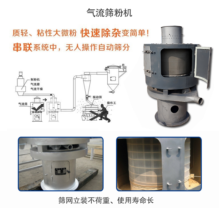 氣流篩粉機(jī)適用：質(zhì)輕，粘性大微粉采用串聯(lián)系統(tǒng)重，無(wú)人操作自動(dòng)篩分 特點(diǎn)：篩網(wǎng)立裝不負(fù)重，使用壽命長(zhǎng)。