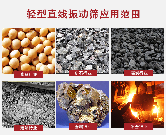 輕型直線振動篩應(yīng)用范圍較廣多使用與顆粒狀，粉狀以及其它重型行業(yè)的輸送。