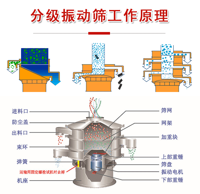分級(jí)振動(dòng)篩內(nèi)部結(jié)構(gòu)：進(jìn)料口，防塵蓋，出料口，束環(huán)，彈簧，機(jī)座，篩網(wǎng)，網(wǎng)架，上部重錘，振動(dòng)電機(jī)，下部重錘。