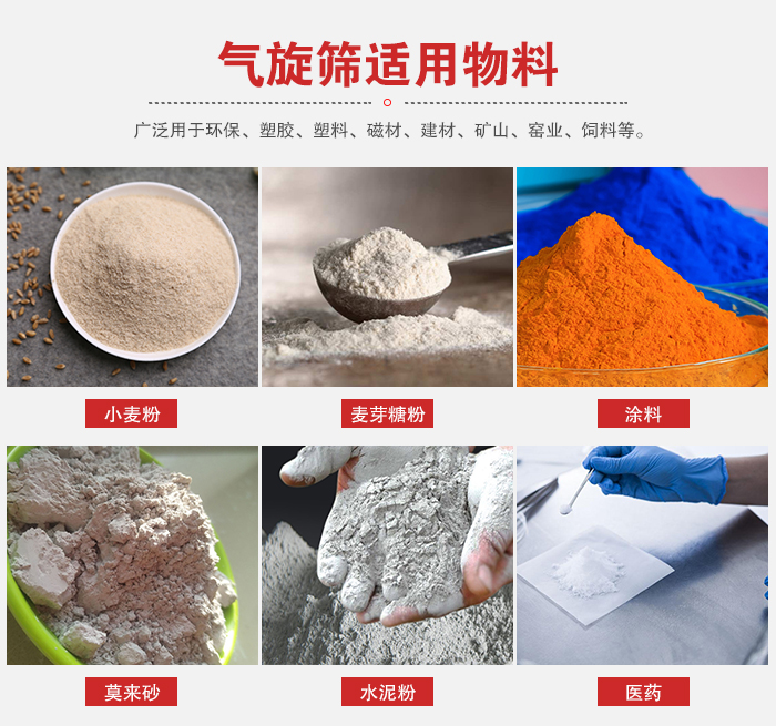 氣旋篩適用物料：小麥粉，麥芽糖粉，涂料，等粉狀物料。