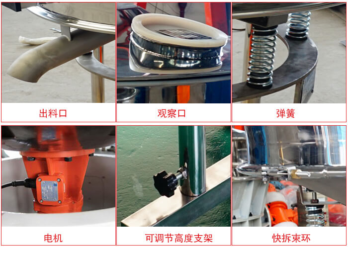 高頻篩細(xì)節(jié)展示：出料口，觀察口，彈簧，電機(jī)，可調(diào)節(jié)高度支架，快拆束環(huán)。